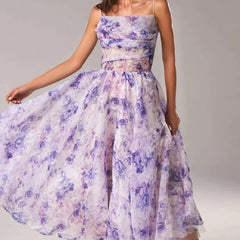 Women's Floral Print Midi Dress | Elegant Strapless Summer Cocktail Dress 0
