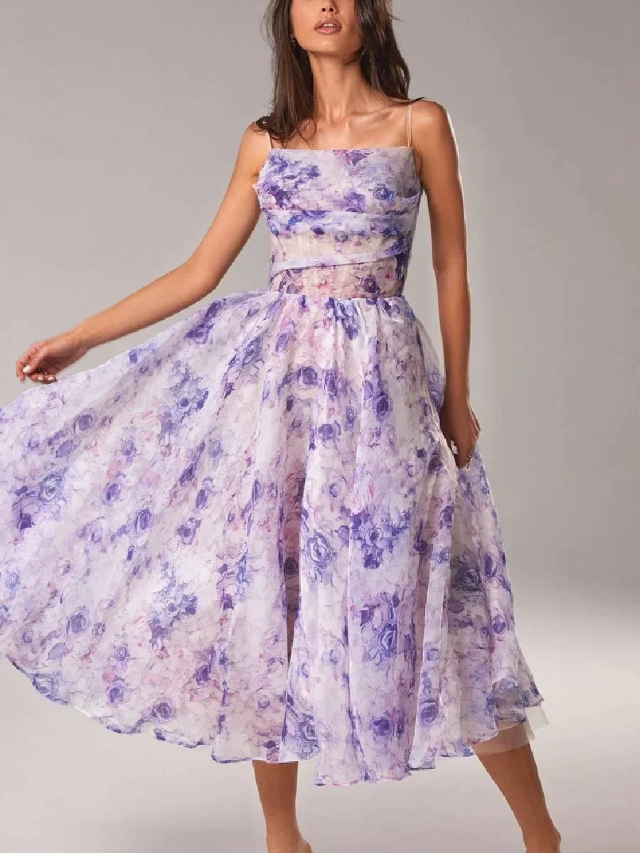 Women's Floral Print Midi Dress | Elegant Strapless Summer Cocktail Dress 0