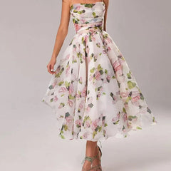 Women's Floral Print Midi Dress | Elegant Strapless Summer Cocktail Dress 1