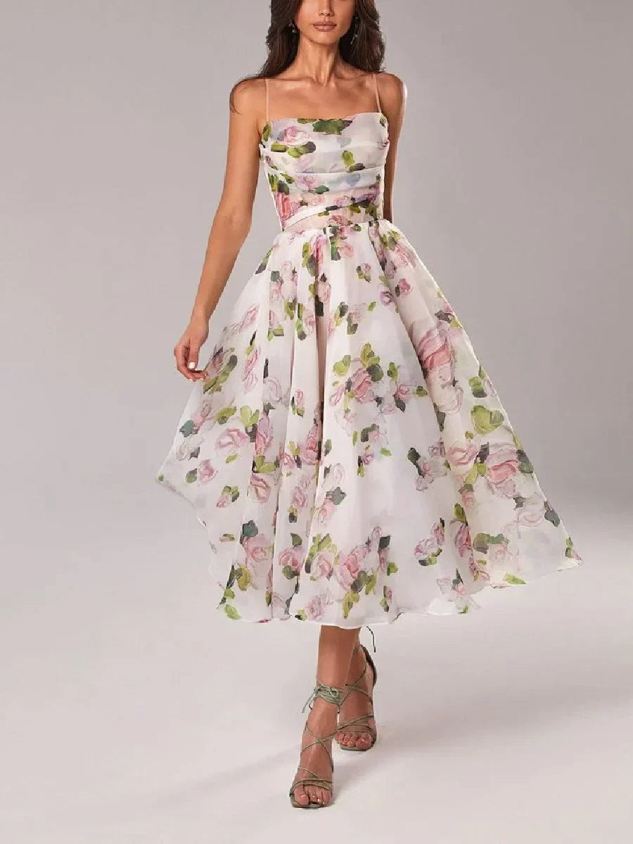 Women's Floral Print Midi Dress | Elegant Strapless Summer Cocktail Dress 1