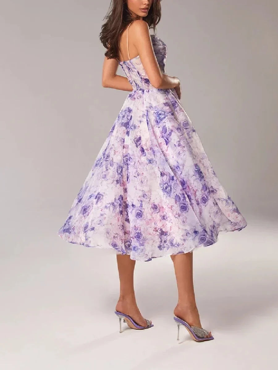 Women's Floral Print Midi Dress | Elegant Strapless Summer Cocktail Dress 2