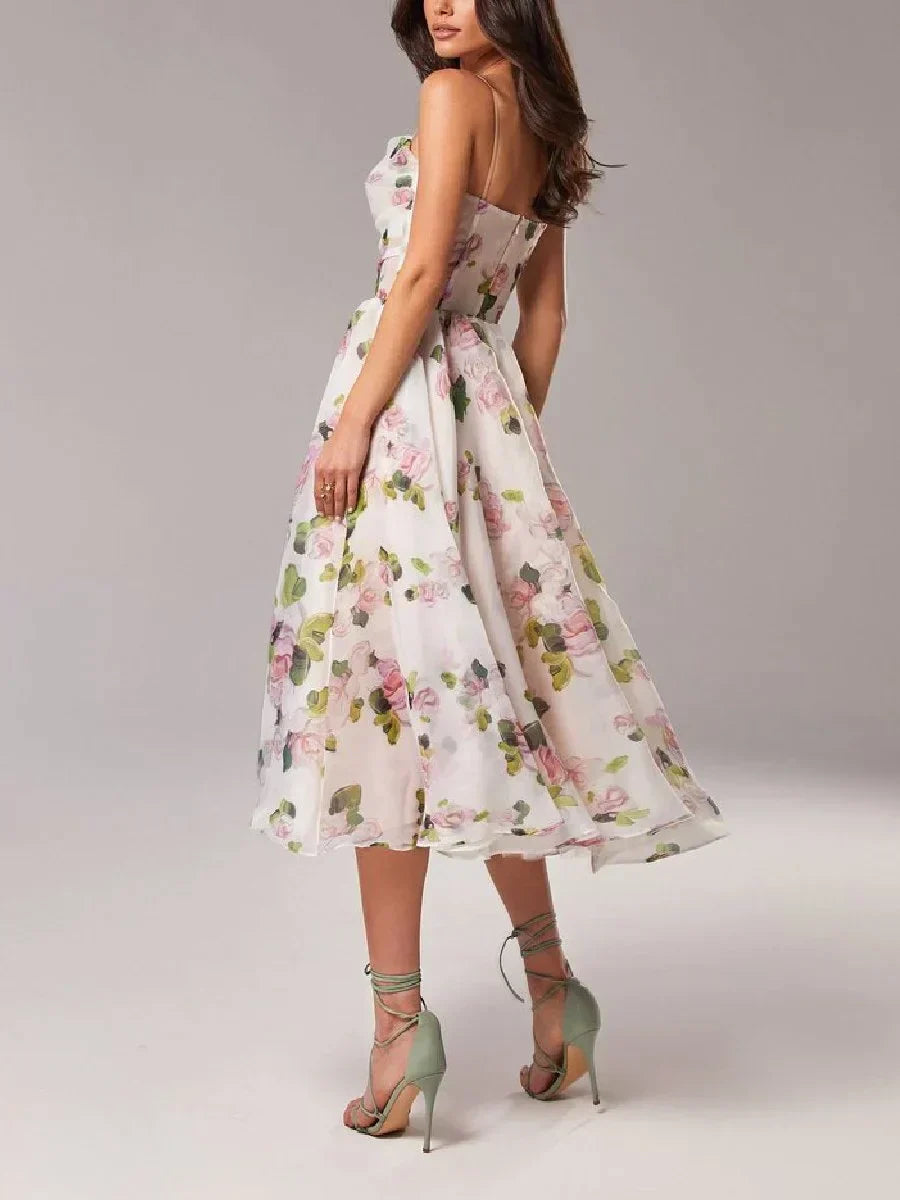 Women's Floral Print Midi Dress | Elegant Strapless Summer Cocktail Dress 3