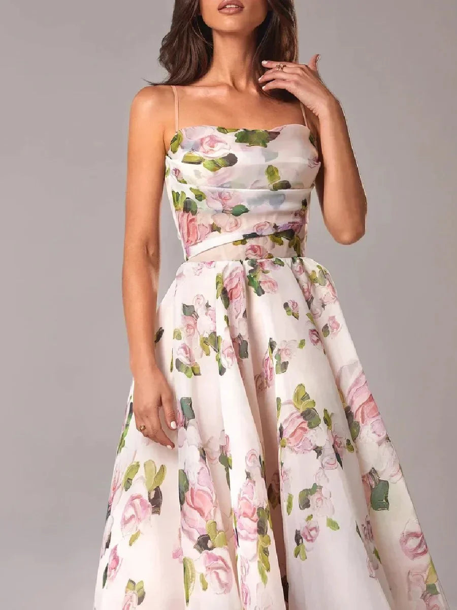 Women's Floral Print Midi Dress | Elegant Strapless Summer Cocktail Dress 4