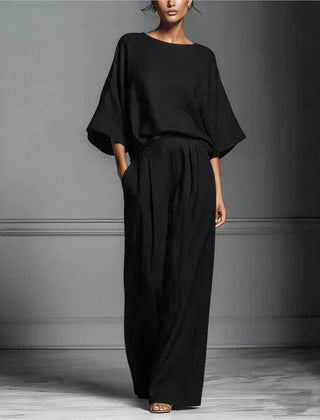 Women's Fluid Fabric Two Piece Set | Elegant Boat Neck Top and Wide-Leg Trousers 0