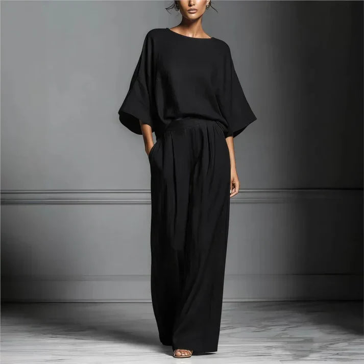 Women's Fluid Fabric Two Piece Set | Elegant Boat Neck Top and Wide-Leg Trousers 0