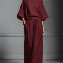 Women's Fluid Fabric Two Piece Set | Elegant Boat Neck Top and Wide-Leg Trousers 1