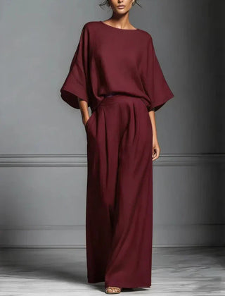 Women's Fluid Fabric Two Piece Set | Elegant Boat Neck Top and Wide-Leg Trousers 1