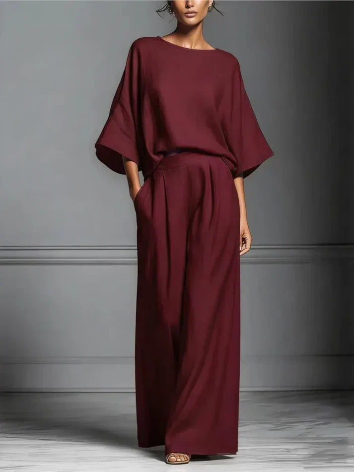 Women's Fluid Fabric Two Piece Set | Elegant Boat Neck Top and Wide-Leg Trousers 1