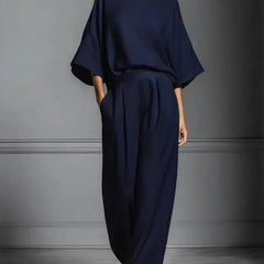 Women's Fluid Fabric Two Piece Set | Elegant Boat Neck Top and Wide-Leg Trousers 2