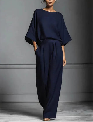 Women's Fluid Fabric Two Piece Set | Elegant Boat Neck Top and Wide-Leg Trousers 2