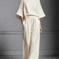 Women's Fluid Fabric Two Piece Set | Elegant Boat Neck Top and Wide-Leg Trousers 3