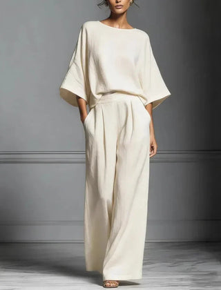 Women's Fluid Fabric Two Piece Set | Elegant Boat Neck Top and Wide-Leg Trousers 3