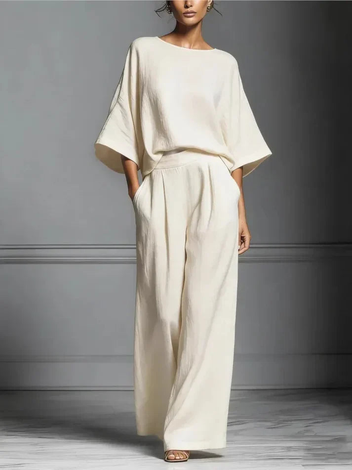 Women's Fluid Fabric Two Piece Set | Elegant Boat Neck Top and Wide-Leg Trousers 3