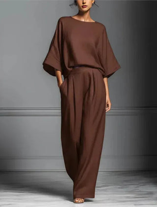 Women's Fluid Fabric Two Piece Set | Elegant Boat Neck Top and Wide-Leg Trousers 4