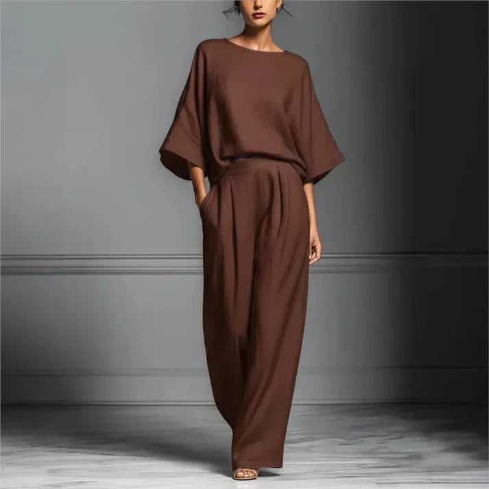 Women's Fluid Fabric Two Piece Set | Elegant Boat Neck Top and Wide-Leg Trousers 4