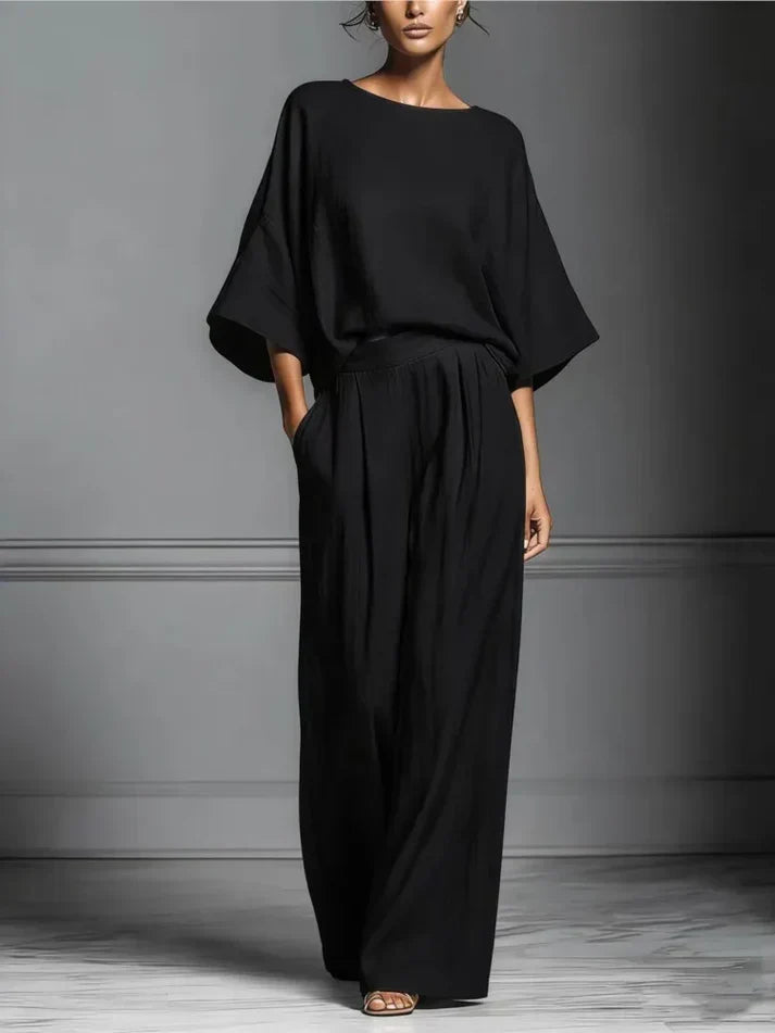 Women's Fluid Fabric Two Piece Set | Elegant Boat Neck Top and Wide-Leg Trousers 5