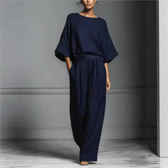 Women's Fluid Fabric Two Piece Set | Elegant Boat Neck Top and Wide-Leg Trousers 6