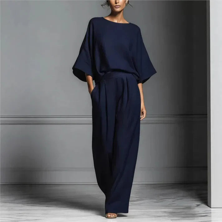 Women's Fluid Fabric Two Piece Set | Elegant Boat Neck Top and Wide-Leg Trousers 6