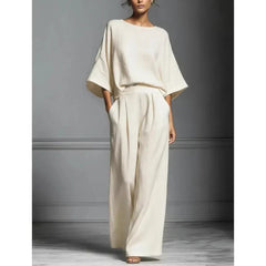 Women's Fluid Fabric Two Piece Set | Elegant Boat Neck Top and Wide-Leg Trousers 7