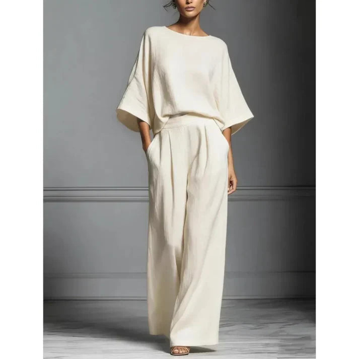 Women's Fluid Fabric Two Piece Set | Elegant Boat Neck Top and Wide-Leg Trousers 7