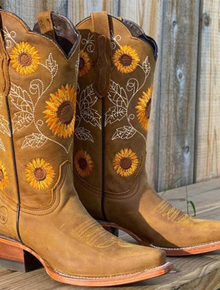 Women's Genuine Leather Bohemian Boots | Artistic Sunflower Pattern 0