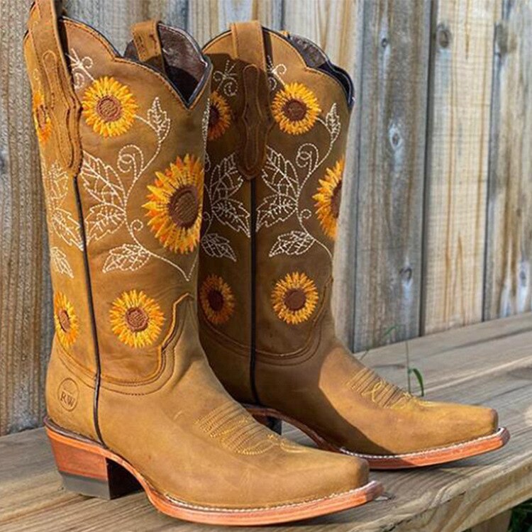 Women's Genuine Leather Bohemian Boots | Artistic Sunflower Pattern 0