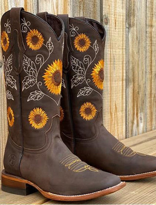 Women's Genuine Leather Bohemian Boots | Artistic Sunflower Pattern 1