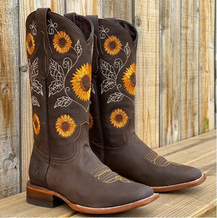 Women's Genuine Leather Bohemian Boots | Artistic Sunflower Pattern 1