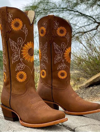 Women's Genuine Leather Bohemian Boots | Artistic Sunflower Pattern 2