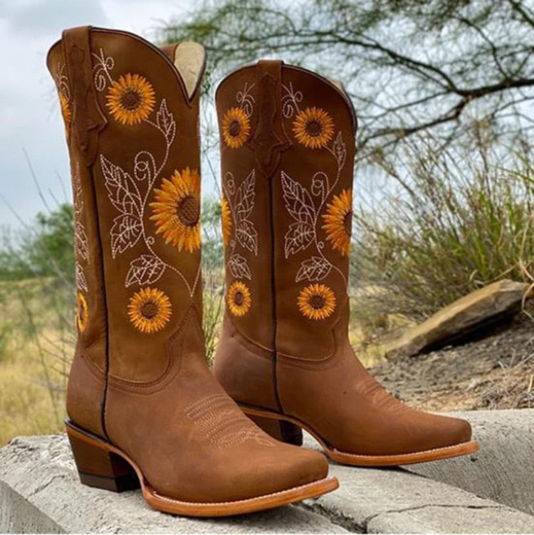 Women's Genuine Leather Bohemian Boots | Artistic Sunflower Pattern 2