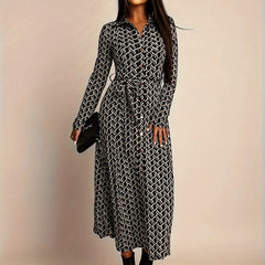 Women's Geometric Print Maxi Dress | Elegant Long Sleeve Summer Evening Wear 0