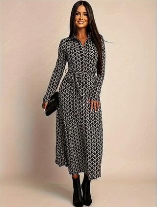 Women's Geometric Print Maxi Dress | Elegant Long Sleeve Summer Evening Wear 0