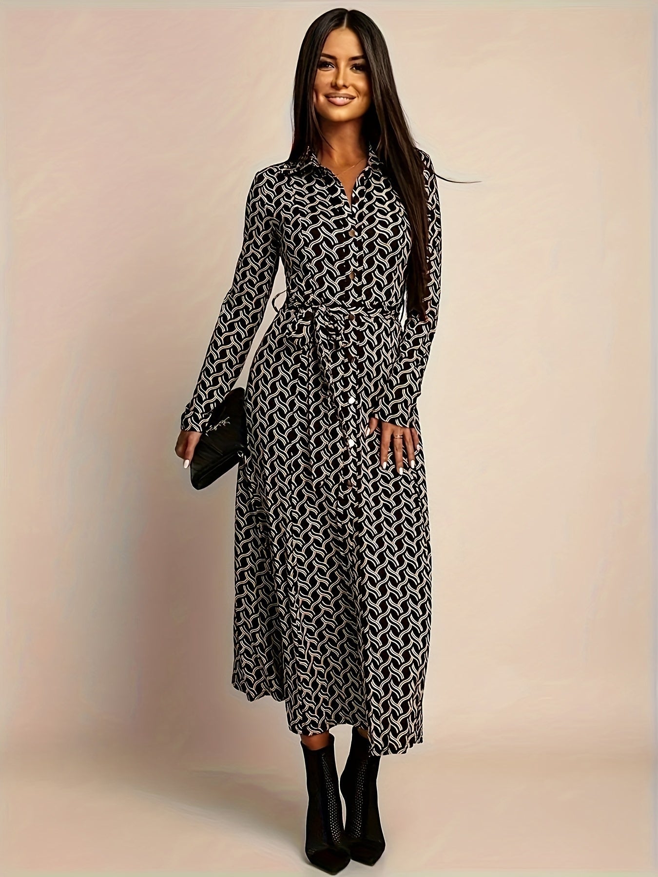 Women's Geometric Print Maxi Dress | Elegant Long Sleeve Summer Evening Wear 0