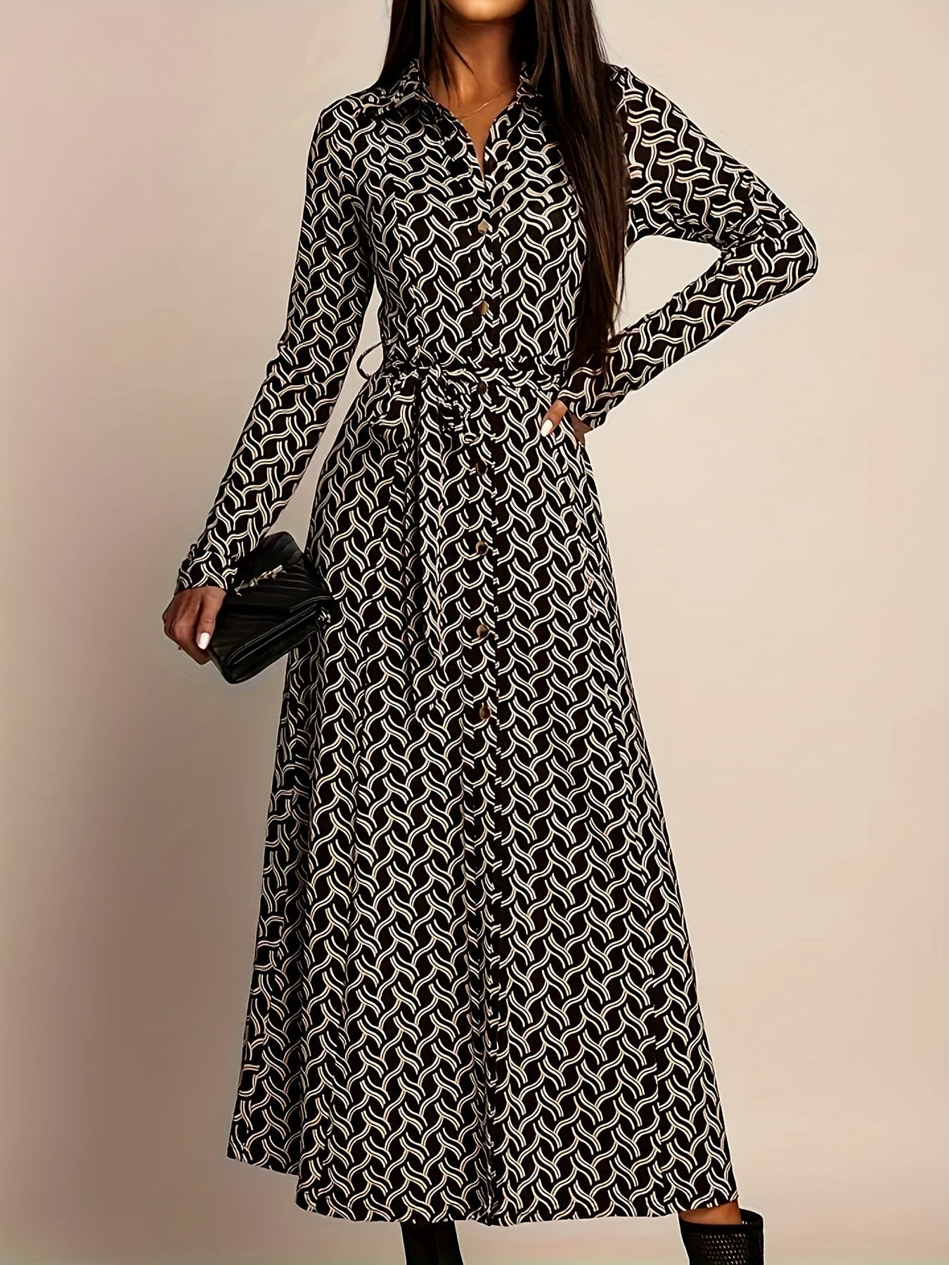 Women's Geometric Print Maxi Dress | Elegant Long Sleeve Summer Evening Wear 2