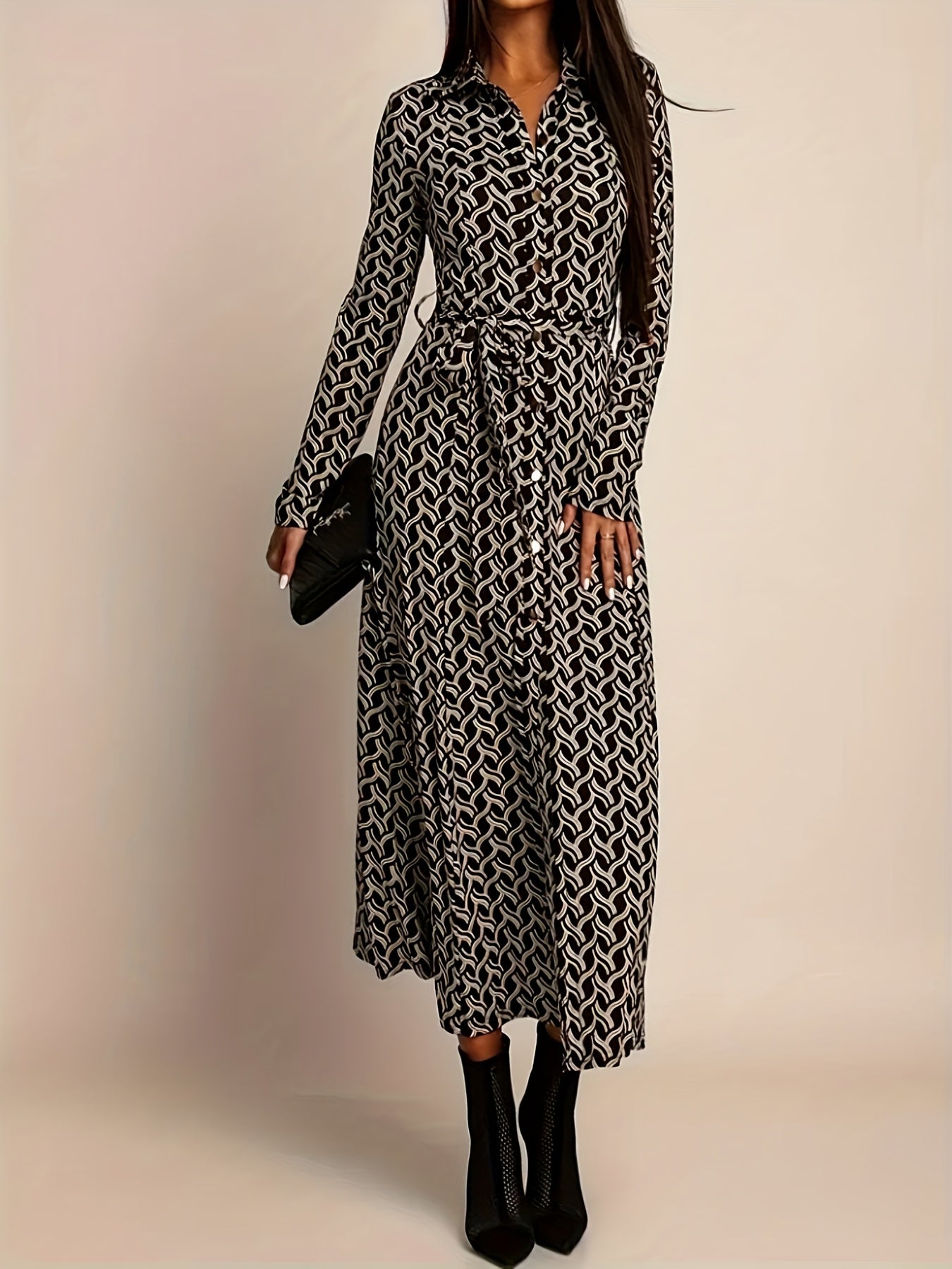 Women's Geometric Print Maxi Dress | Elegant Long Sleeve Summer Evening Wear 3