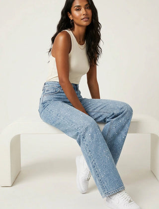 Women's High-Waist Denim Jeans | Elegant Straight Leg Glitter Detail Pants 0
