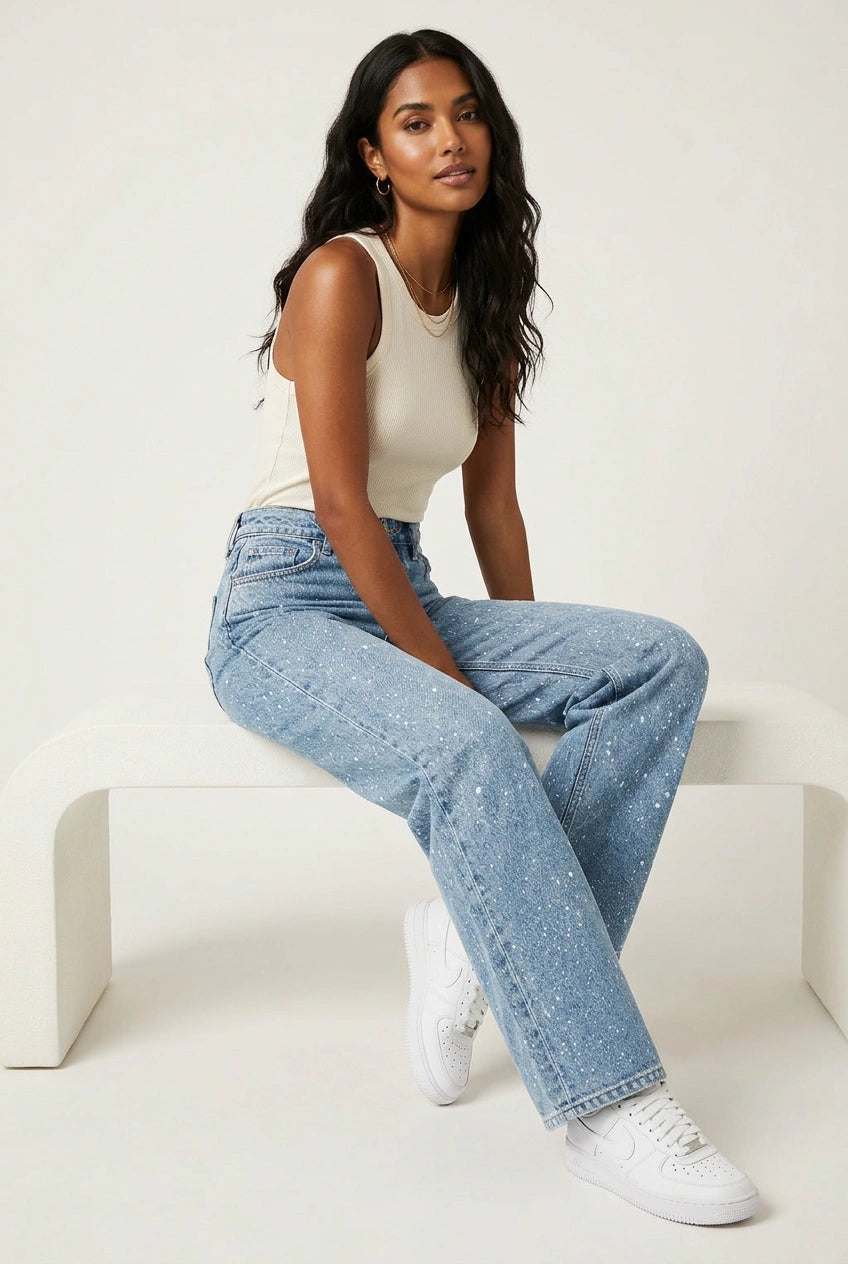 Women's High-Waist Denim Jeans | Elegant Straight Leg Glitter Detail Pants 0