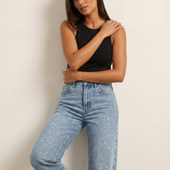 Women's High-Waist Denim Jeans | Elegant Straight Leg Glitter Detail Pants 1