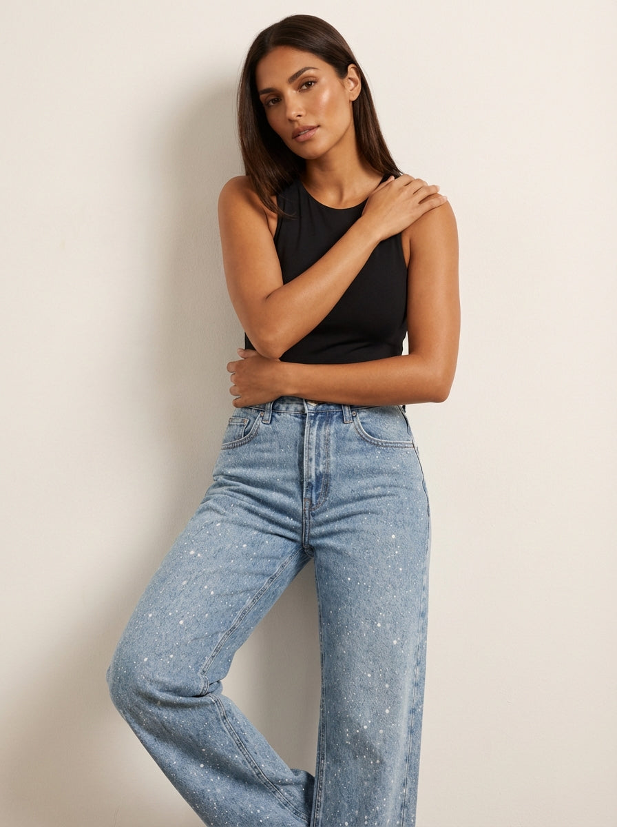 Women's High-Waist Denim Jeans | Elegant Straight Leg Glitter Detail Pants 1