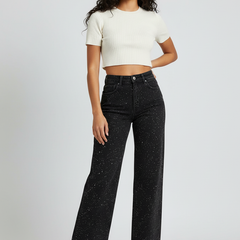 Women's High-Waist Denim Jeans | Elegant Straight Leg Glitter Detail Pants 3