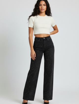 Women's High-Waist Denim Jeans | Elegant Straight Leg Glitter Detail Pants 3