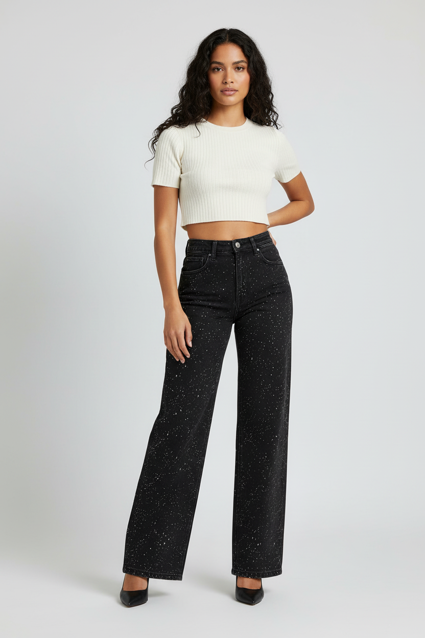 Women's High-Waist Denim Jeans | Elegant Straight Leg Glitter Detail Pants 3