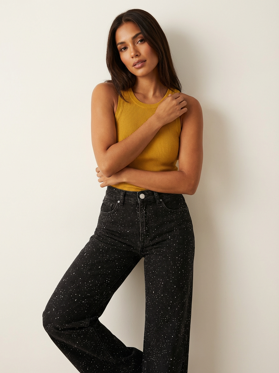 Women's High-Waist Denim Jeans | Elegant Straight Leg Glitter Detail Pants 4