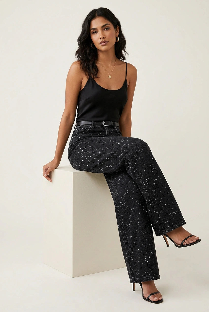 Women's High-Waist Denim Jeans | Elegant Straight Leg Glitter Detail Pants 5