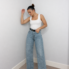 Women's High-Waist Denim Jeans | Elegant Straight Leg Glitter Detail Pants 6