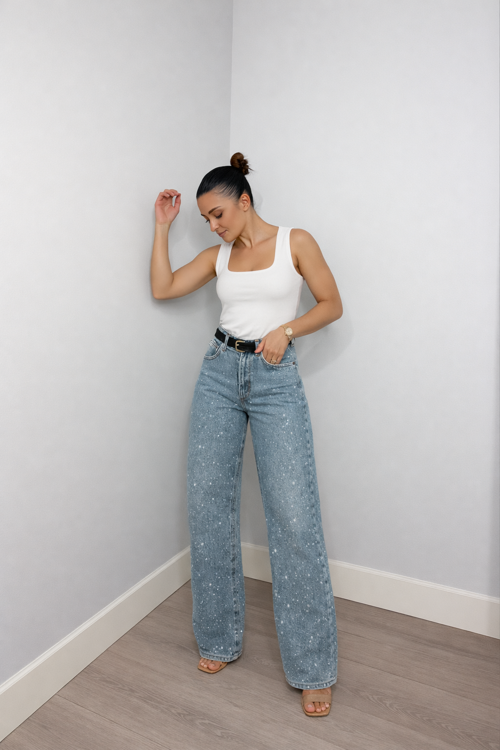 Women's High-Waist Denim Jeans | Elegant Straight Leg Glitter Detail Pants 6