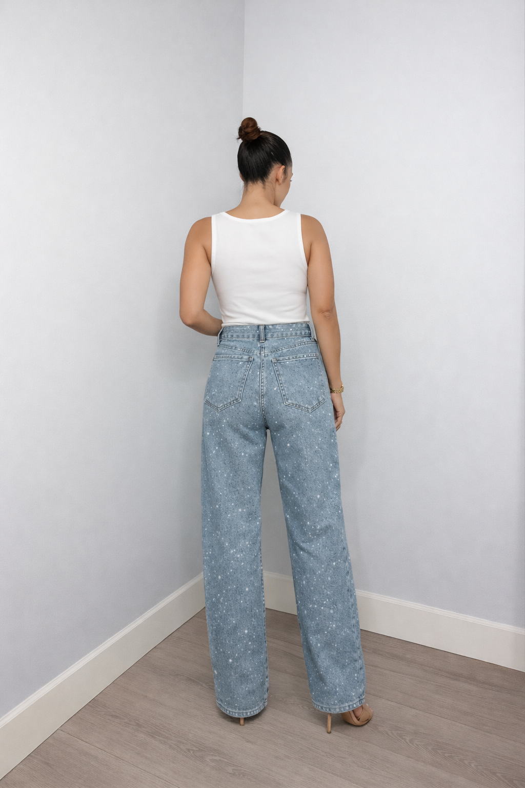 Women's High-Waist Denim Jeans | Elegant Straight Leg Glitter Detail Pants 7