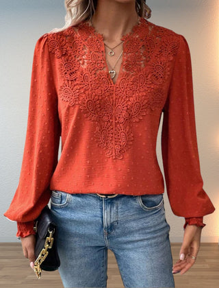 Women's Lace Bodice Blouse | Elegant V-Neck Long Sleeve Top 0