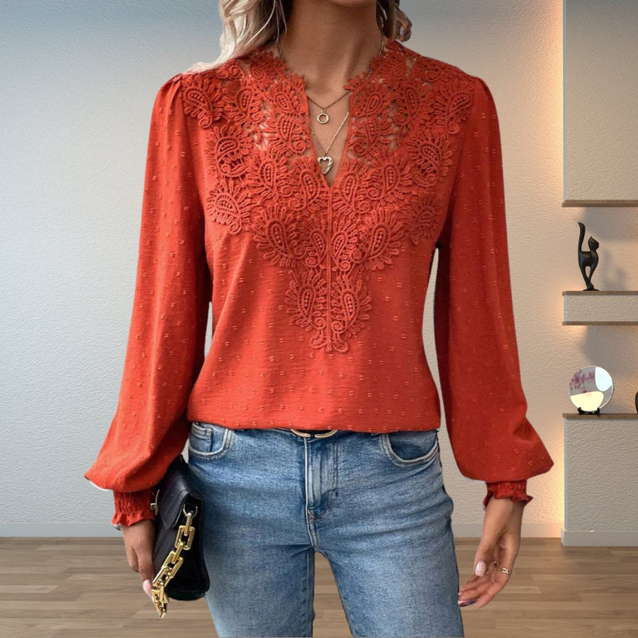 Women's Lace Bodice Blouse | Elegant V-Neck Long Sleeve Top 0