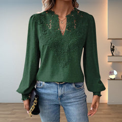 Women's Lace Bodice Blouse | Elegant V-Neck Long Sleeve Top 3